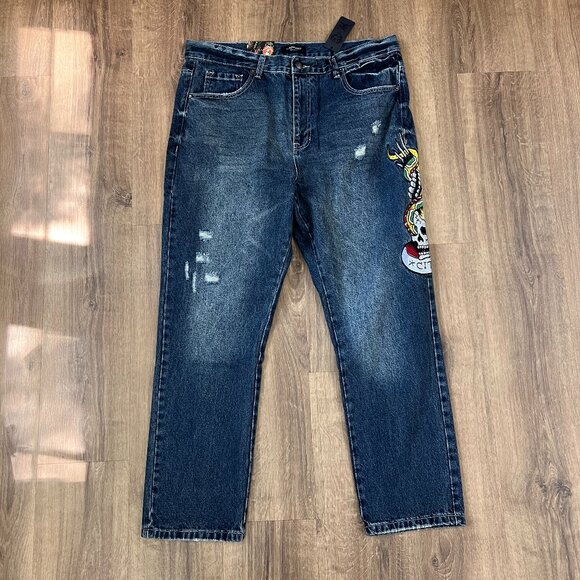 NEW Ed Hardy NYC Skull Snake Eagle Tattoo Slim Fit Distressed Jeans - Picture 2 of 13